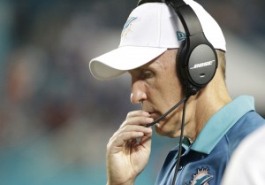 Miami Dolphins head coach Joe Philbin looks down during the second half of an NFL football game against the Buffalo Bills, Sunday, Sept. 27, 2015 in Miami Gardens, Fla. The Bills defeated the Dolphins 41-14. (AP Photo/Wilfredo Lee)