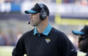 Jacksonville Jaguars head coach Gus Bradley watches from the sideline in the second half of an NFL football game against the New England Patriots, Sunday, Sept. 27, 2015, in Foxborough, Mass. (AP Photo/Steven Senne)