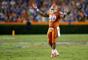 Florida defensive lineman Jonathan Bullard raise his arms to get some crowd noise from fans during the first half of an NCAA college football game against East Carolina, Saturday, Sept. 12, 2015, in Gainesville, Fla. (AP Photo/John Raoux)