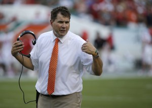 Miami head coach Al Golden gestures during the first half of an NCAA college football game against Nebraska, Saturday, Sept. 19, 2015 in Miami Gardens, Fla. (AP Photo/Wilfredo Lee)