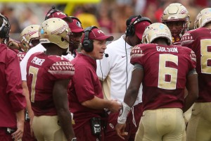 Florida State's head coach Jimbo Fisher, center, talks with his players during a time out during an NCAA college football game with South Florida, Saturday, Sept. 12, 2015 in Tallahassee, Fla. Florida State won the game 34-14. (AP Photo/Steve Cannon)