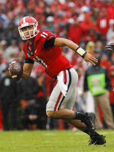 Georgia quarterback Greyson Lambert (11) scrambles against Alabama in an NCAA college football game Saturday, Oct. 3, 2015, in Athens, Ga. (AP Photo/Brett Davis)