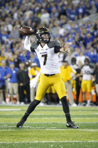 Missouri quarterback Maty Mauk looks for a receiver during the second half of an NCAA college football game against Kentucky, Saturday, Sept. 26, 2015, in Lexington, Ky. Kentucky won the game 21-13. (AP Photo/David Stephenson)