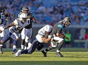 Nov 29, 2015; Jacksonville, FL, USA; San Diego Chargers defensive end Kendall Reyes (91) tackles Jacksonville Jaguars quarterback Blake Bortles (5) in the fourth quarter at EverBank Field. The Chargers won 31-25. Mandatory Credit: Jim Steve-USA TODAY Sports