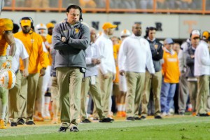 Nov 7, 2015; Knoxville, TN, USA; Tennessee Volunteers head coach Butch Jones during the game against the South Carolina Gamecocks at Neyland Stadium. Mandatory Credit: Randy Sartin-USA TODAY Sports. Tennessee won 27 to 24.