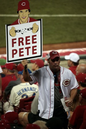 Jul 14, 2015; Cincinnati, OH, USA; A fan holds a sign for Pete Rose (not pictured) during the fifth inning of the 2015 MLB All Star Game at Great American Ball Park. Mandatory Credit: David Kohl-USA TODAY Sports