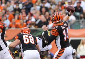 Dec 13, 2015; Cincinnati, OH, USA; Cincinnati Bengals quarterback Andy Dalton (14) throws the ball the Pittsburgh Steelers in the first half at Paul Brown Stadium. Mandatory Credit: Aaron Doster-USA TODAY Sports