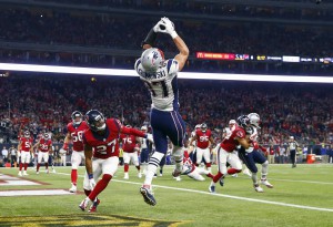 Dec 13, 2015; Houston, TX, USA; New England Patriots tight end Rob Gronkowski (87) catches a touchdown pass past Houston Texans strong safety Quintin Demps (27) during the second quarter at NRG Stadium. Mandatory Credit: Kevin Jairaj-USA TODAY Sports