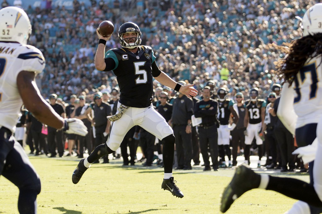 Nov 29, 2015; Jacksonville, FL, USA; Jacksonville Jaguars quarterback Blake Bortles (5) looks to pass in the third quarter against the San Diego Chargers at EverBank Field. The San Diego Chargers 31-25. (Logan Bowles-USA TODAY Sports)