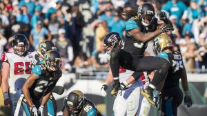 Dec 20, 2015; Jacksonville, FL, USA; Jacksonville Jaguars strong safety Johnathan Cyprien (37) celebrates after a play in the fourth quarter at EverBank Field. The Atlanta Falcons won 23-17. Mandatory Credit: Logan Bowles-USA TODAY Sports
