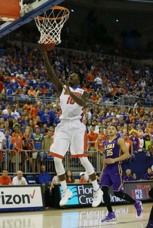 Jan 9, 2016; Gainesville, FL, USA; Florida Gators forward Dorian Finney-Smith (10) shoots a layup against the LSU Tigers during the first half at Stephen C. O'Connell Center. Mandatory Credit: Kim Klement-USA TODAY Sports