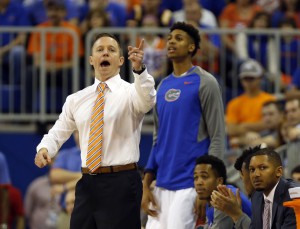 Jan 9, 2016; Gainesville, FL, USA; Florida Gators head coach Mike White reacts against the LSU Tigers during the first half at Stephen C. O'Connell Center. Mandatory Credit: Kim Klement-USA TODAY Sports