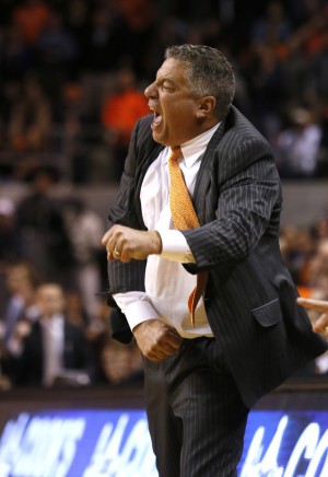 Jan 19, 2016; Auburn, AL, USA; Auburn Tigers head coach Bruce Pearl reacts to a call in the final seconds while defeating the Alabama Crimson Tide 83-77 at Auburn Arena. Mandatory Credit: John Reed-USA TODAY Sports