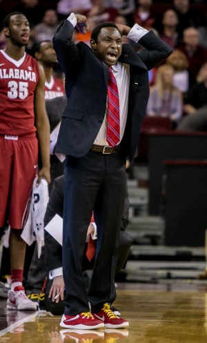 Jan 30, 2016; Columbia, SC, USA; Alabama Crimson Tide head coach Avery Johnson disputes a call against the South Carolina Gamecocks in the second half at Colonial Life Arena. Mandatory Credit: Jeff Blake-USA TODAY Sports