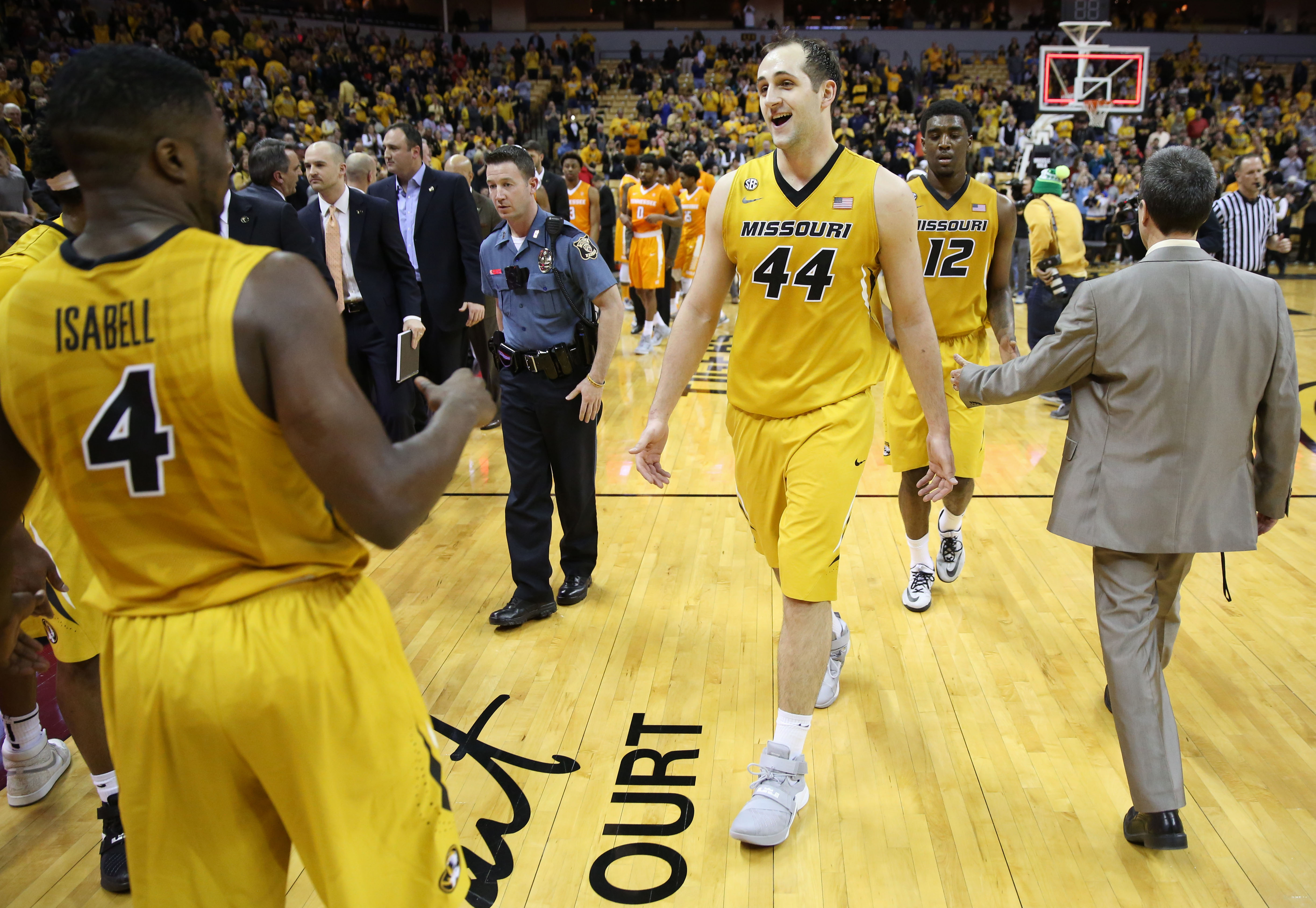 Feb 13, 2016; Columbia, MO, USA; Missouri Tigers forward Ryan Rosburg (44) celebrates after the second half of a game against the Tennessee Volunteers at Mizzou Arena. The Tigers won 75-64. Mandatory Credit: Timothy Tai-USA TODAY Sports