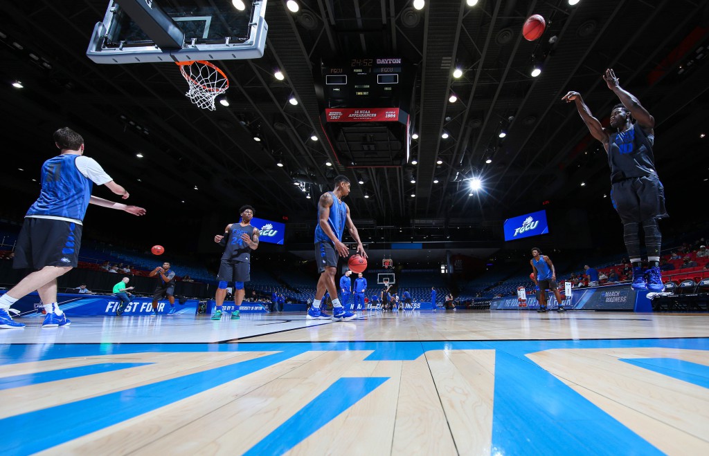 Mar 14, 2016; Dayton, OH, USA; Florida Gulf Coast Eagles forward Kevin Mickle (10) shoots during a practice day before the First Four of the NCAA men's college basketball tournament at Dayton Arena. Mandatory Credit: Brian Spurlock-USA TODAY Sports