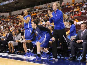 Mar 6, 2015; North Little Rock, AR, USA; Kentucky Wildcats players celebrate from the bench after a score against the Mississippi State Bulldogs during the second round of the SEC Women's Tournament at Verizon Arena. Kentucky defeated Mississippi State 76-67. Mandatory Credit: Nelson Chenault-USA TODAY Sports