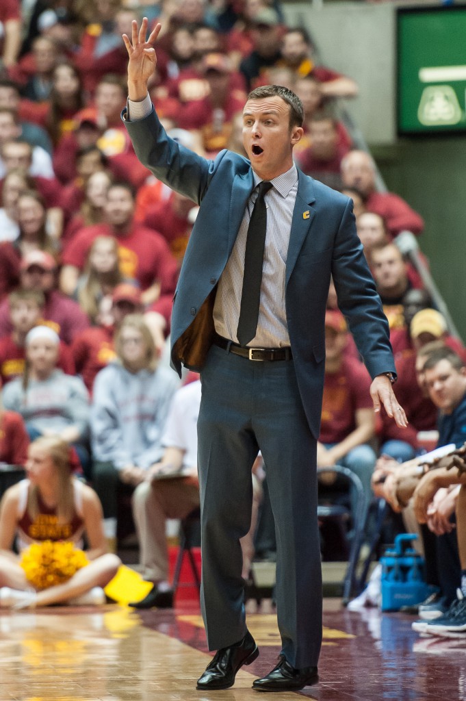 Nov 23, 2015; Ames, IA, USA; Chattanooga Mocs head coach Matt McCall signals instructions to his team during the first half against the Iowa State Cyclones at James H. Hilton Coliseum. Mandatory Credit: Jeffrey Becker-USA TODAY Sports