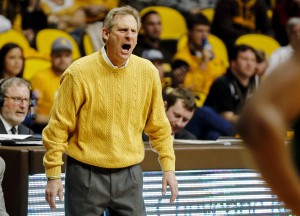 Jan 30, 2016; Laramie, WY, USA; Wyoming Cowboys head coach Larry Shyatt reacts against the Colorado State Rams during the second half at Arena-Auditorium. The Cowboys beat the Rams 83-76. Mandatory Credit: Troy Babbitt-USA TODAY Sports