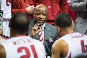  Feb 17, 2016; Fayetteville, AR, USA; Arkansas Razorbacks head coach Mike Anderson gestures to his players while giving them instructions during a timeout during the first half of play with the Auburn Tigers at Bud Walton Arena. The Tigers won 90-86. Mandatory Credit: Gunnar Rathbun-USA TODAY Sports 