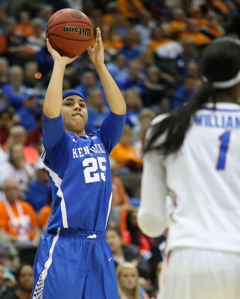 Mar 4, 2016; Jacksonville, FL, USA; Kentucky Wildcats guard Makayla Epps (25) takes a shot in first quarter against the Florida Gators during the women's SEC basketball tournament at Jacksonville Memorial Veterans Arena. Mandatory Credit: Logan Bowles-USA TODAY Sports