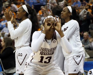 Mar 5, 2016; Jacksonville, FL, USA; Mississippi State Lady Bulldogs forward Ketara Chapel (13) celebrates on the bench in the third quarter against the Tennessee Lady Volunteers during the women's SEC basketball tournament at Jacksonville Memorial Veterans Arena. Mississippi State Lady Bulldogs won 58-48. Mandatory Credit: Logan Bowles-USA TODAY Sports