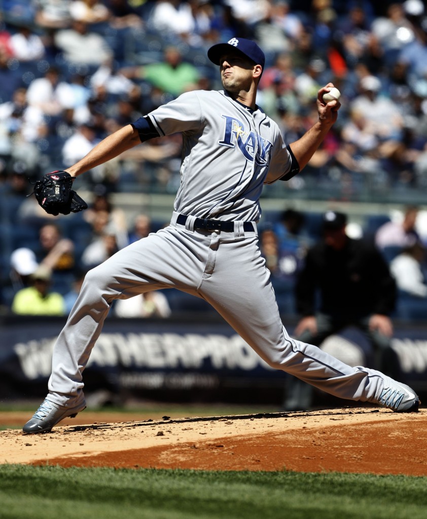 Apr 24, 2016; Bronx, NY, USA; Tampa Bay Rays starting pitcher Drew Smyly (33) delivers a pitch against the New York Yankees in the first inning at Yankee Stadium. Mandatory Credit: Noah K. Murray-USA TODAY Sports