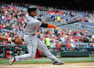 Apr 10, 2016; Washington, DC, USA; Miami Marlins right fielder Giancarlo Stanton (27) hits an RBI single against the Washington Nationals during the first inning at Nationals Park. Mandatory Credit: Brad Mills-USA TODAY Sports