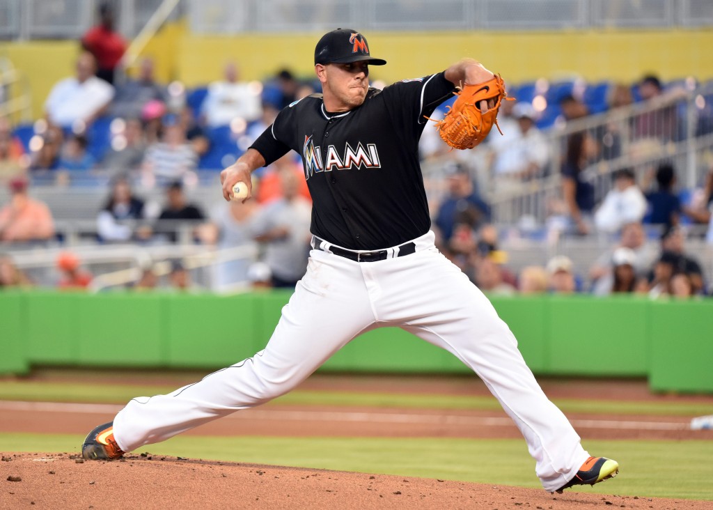 Apr 1, 2016; Miami, FL, USA; Miami Marlins starting pitcher Jose Fernandez (16) delivers a pitch during the first inning of a spring training game against the New York Yankees at Marlins Park. Mandatory Credit: Steve Mitchell-USA TODAY Sports
