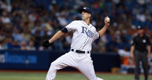 Apr 4, 2016; St. Petersburg, FL, USA; Tampa Bay Rays starting pitcher Drew Smyly (33) throws a pitch during the fifth inning against the Toronto Blue Jays at Tropicana Field. Mandatory Credit: Kim Klement-USA TODAY Sports