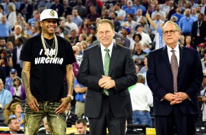 Apr 4, 2016; Houston, TX, USA; Basketball hall of fame inductees Allen Iverson, Tom Izzo and Jerry Reinsdorf during halftime of the championship game of the 2016 NCAA Men's Final Four between the Villanova Wildcats and the North Carolina Tar Heels at NRG Stadium. Mandatory Credit: Bob Donnan-USA TODAY Sports