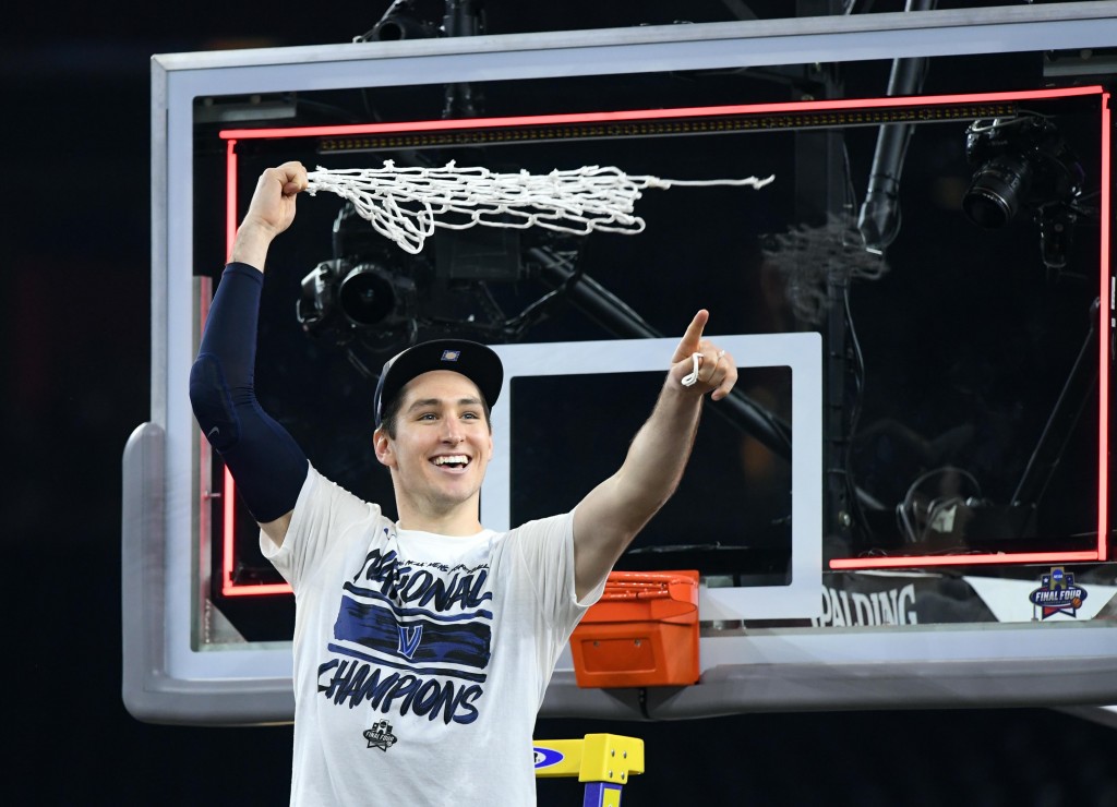 Apr 4, 2016; Houston, TX, USA; Villanova Wildcats guard Ryan Arcidiacono celebrates after cutting down the net after defeating the North Carolina Tar Heels in the championship game of the 2016 NCAA Men's Final Four at NRG Stadium. Mandatory Credit: Robert Deutsch-USA TODAY Sports
