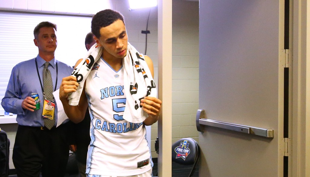 Apr 4, 2016; Houston, TX, USA; North Carolina Tar Heels guard Marcus Paige (5) reacts in the locker room after the game against the Villanova Wildcats in the championship game of the 2016 NCAA Men's Final Four at NRG Stadium. Villanova won 77-74. Mandatory Credit: Kevin Jairaj-USA TODAY Sports