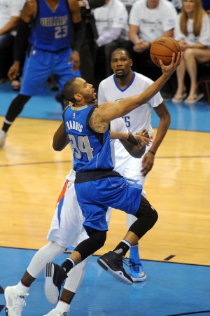 Apr 18, 2016; Oklahoma City, OK, USA; Dallas Mavericks guard Devin Harris (34) shoots the ball in front of Oklahoma City Thunder forward Serge Ibaka (9) during the fourth quarter in game two of the first round of the NBA Playoffs at Chesapeake Energy Arena. Mandatory Credit: Mark D. Smith-USA TODAY Sports
