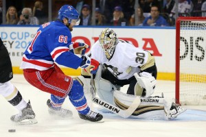Pittsburgh Penguins goalie Matt Murray (30) makes a save against New York Rangers left wing Rick Nash (61) during the second period of game three of the first round of the 2016 Stanley Cup Playoffs at Madison Square Garden. Mandatory Credit: Brad Penner-USA TODAY Sports