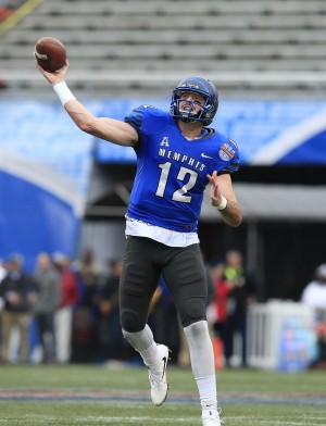 Dec 30, 2015; Birmingham, AL, USA; Memphis Tigers quarterback Paxton Lynch (12) passes against Auburn Tigersa in the 2015 Birmingham Bowl at Legion Field. Mandatory Credit: Marvin Gentry-USA TODAY Sports