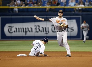 Apr 25, 2016; St. Petersburg, FL, USA; Baltimore Orioles shortstop J.J. Hardy (2) forces out Tampa Bay Rays third baseman Evan Longoria (3) and throws the ball to first for a double play during the seventh inning at Tropicana Field. Tampa Bay Rays defeated the Baltimore Orioles 2-0. Mandatory Credit: Kim Klement-USA TODAY Sports