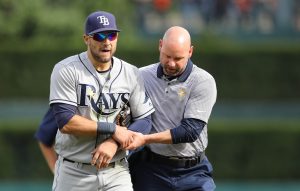 May 21, 2016; Detroit, MI, USA; Tampa Bay Rays center fielder Kevin Kiermaier (39) leaves the field after diving for a ball during the fifth inning of the game against the Detroit Tigers at Comerica Park. Mandatory Credit: Leon Halip-USA TODAY Sports