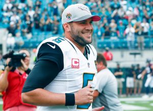 Oct 18, 2015; Jacksonville, FL, USA; Jacksonville Jaguars quarterback Blake Bortles (5) is introduced before a football game against the Houston Texans at EverBank Field. Mandatory Credit: Reinhold Matay-USA TODAY Sports