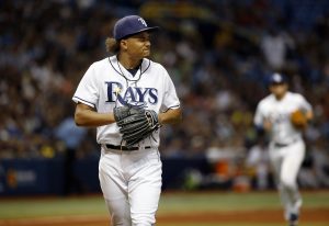 May 27, 2016; St. Petersburg, FL, USA; Tampa Bay Rays starting pitcher Chris Archer (22) reacts as he walks back to the dugout at the end of the sixth inning against the New York Yankees at Tropicana Field. Mandatory Credit: Kim Klement-USA TODAY Sports