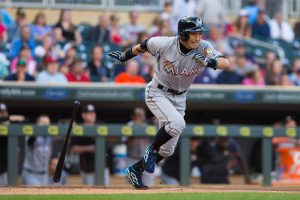 Jun 7, 2016; Minneapolis, MN, USA; Miami Marlins outfielder Ichiro Suzuki (51) singles in the first inning against the Minnesota Twins at Target Field. Mandatory Credit: Brad Rempel-USA TODAY Sports