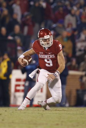 Nov 21, 2015; Norman, OK, USA; Oklahoma Sooners quarterback Trevor Knight (9) during the game against the TCU Horned Frogs at Gaylord Family - Oklahoma Memorial Stadium. Mandatory Credit: Kevin Jairaj-USA TODAY Sports
