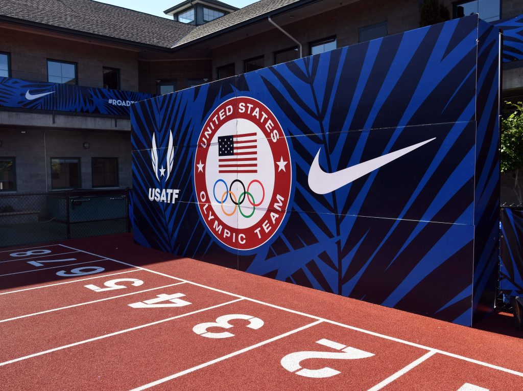 Jun 30, 2016; Eugene, OR, USA; General view of the backdrop with USA Track & Field and Nike Logos prior to the 2016 U.S. Olympic Team Trials at Hayward Field. Mandatory Credit: Kirby Lee-USA TODAY Sports