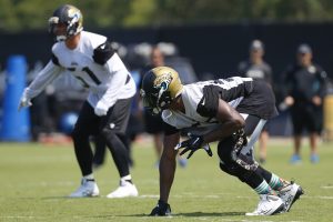 Jun 14, 2016; Jacksonville, FL, USA; Jacksonville Jaguars defensive end Dante Fowler (56) lines up prior to a play during minicamp workouts at Florida Blue Health and Wellness Practice Fields. Mandatory Credit: Logan Bowles-USA TODAY Sports