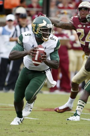 Sep 12, 2015; Tallahassee, FL, USA; South Florida Bulls quarterback Quinton Flowers (9) looks for a receiver against the Florida State Seminoles at Doak Campbell Stadium. Florida State won 34-14. Mandatory Credit: Glenn Beil-USA TODAY Sports