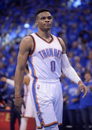 May 28, 2016; Oklahoma City, OK, USA; Oklahoma City Thunder guard Russell Westbrook (0) reacts before the game against the Golden State Warriors in game six of the Western conference finals of the NBA Playoffs at Chesapeake Energy Arena. Mandatory Credit: Mark D. Smith-USA TODAY Sports