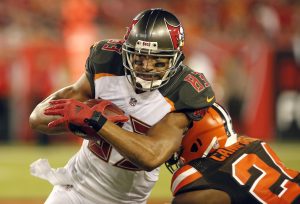 Aug 26, 2016; Tampa, FL, USA; Tampa Bay Buccaneers wide receiver Vincent Jackson (83) runs the ball against Cleveland Browns defensive back Ibraheim Campbell (24) during the first quarter of a football game at Raymond James Stadium. Mandatory Credit: Reinhold Matay-USA TODAY Sports