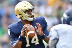 Sep 10, 2016; South Bend, IN, USA; Notre Dame Fighting Irish quarterback DeShone Kizer (14) looks to throw in the first quarter against the Nevada Wolf Pack at Notre Dame Stadium. Mandatory Credit: Matt Cashore-USA TODAY Sports