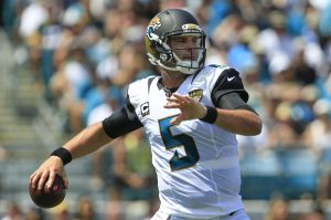 Sep 11, 2016; Jacksonville, FL, USA; Jacksonville Jaguars quarterback Blake Bortles (5) drops to throw a pass during the first half of a football game against the Green Bay Packers at EverBank Field. Mandatory Credit: Reinhold Matay-USA TODAY Sports