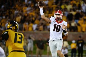 Sep 17, 2016; Columbia, MO, USA; Georgia Bulldogs quarterback Jacob Eason (10) throws the ball against the Missouri Tigers in the first half at Faurot Field. Mandatory Credit: John Rieger-USA TODAY Sports